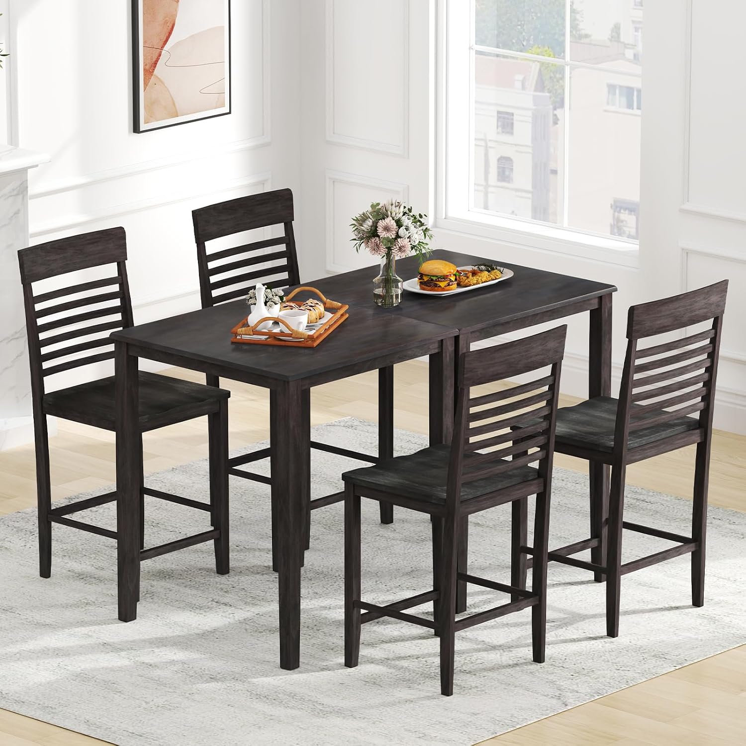 Giantex 5-Piece Dining Table Set for 4, Counter-Height Square Kitchen Table and Chairs Set with Rubber Wood Frame, Curved Back, Footrest, Bar Table Set for Small Place Dinette Breakfast Nook
