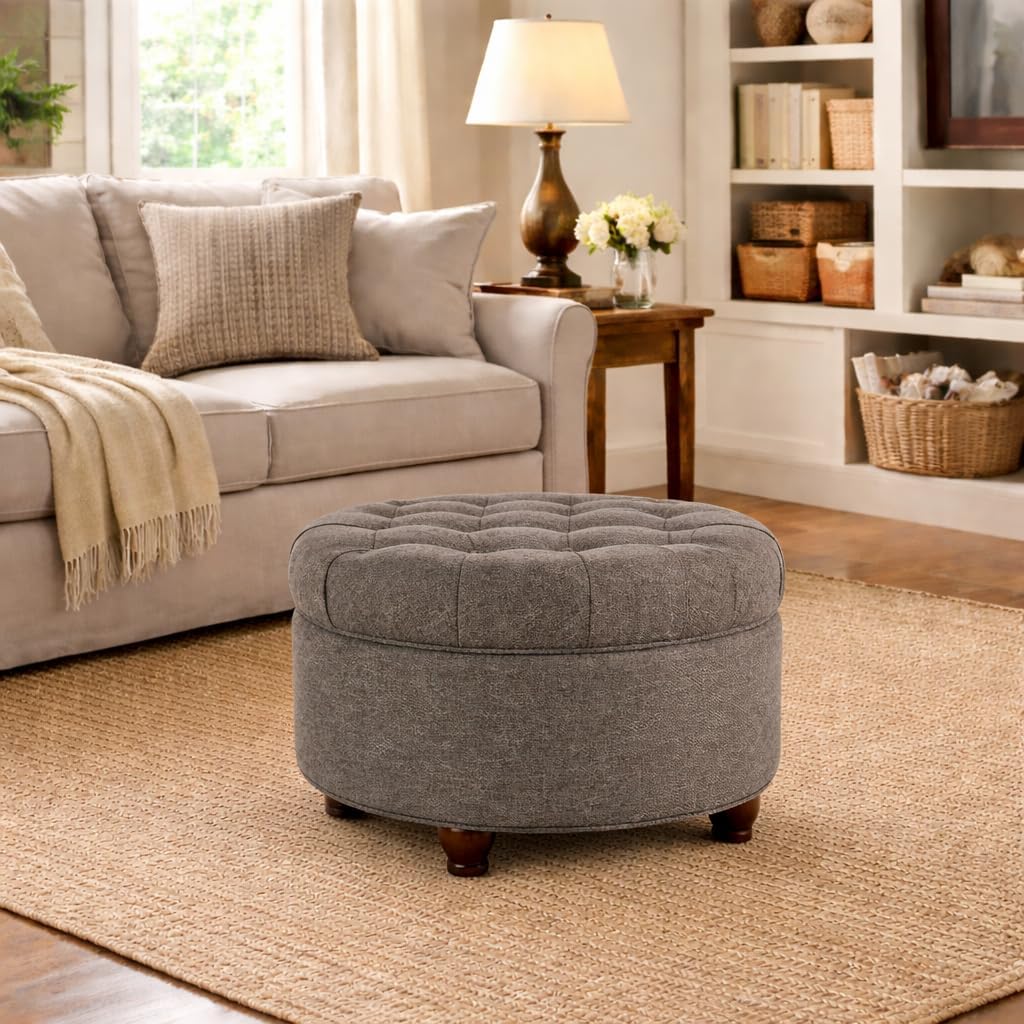 Homepop Home Decor | Button Tufted Woven Round Storage Ottoman | Ottoman with Storage for Living Room & Bedroom (Dark Gray)