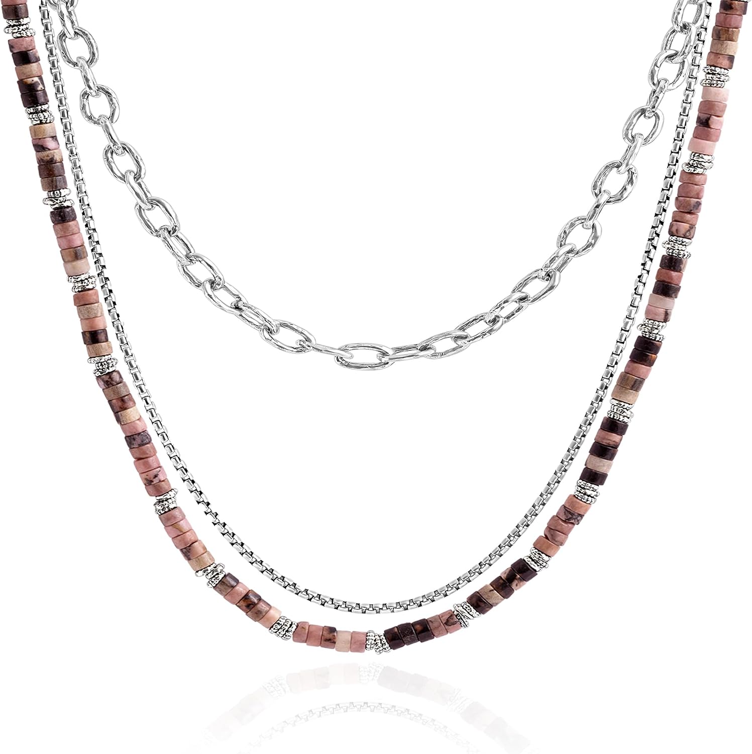 JEAN RACHEL JEWELRY Men's 3-Piece Necklace Layering Set - Hammered Link Chain, Sleek Box Chain & Rhodonite Beads - Refined Bundle