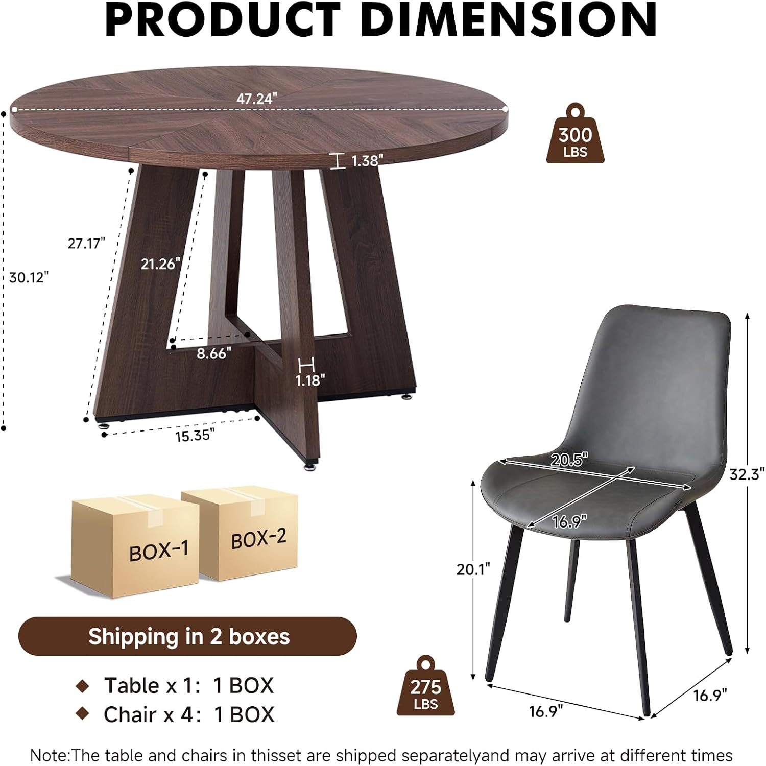 47 inch Round Dining Table Set for 4 with Chairs Kitchen Table and Chairs Set Mid-Century Modern Round Wood Kitchen Tables with Upholstered Synthetic Leather Chairs Set of 4