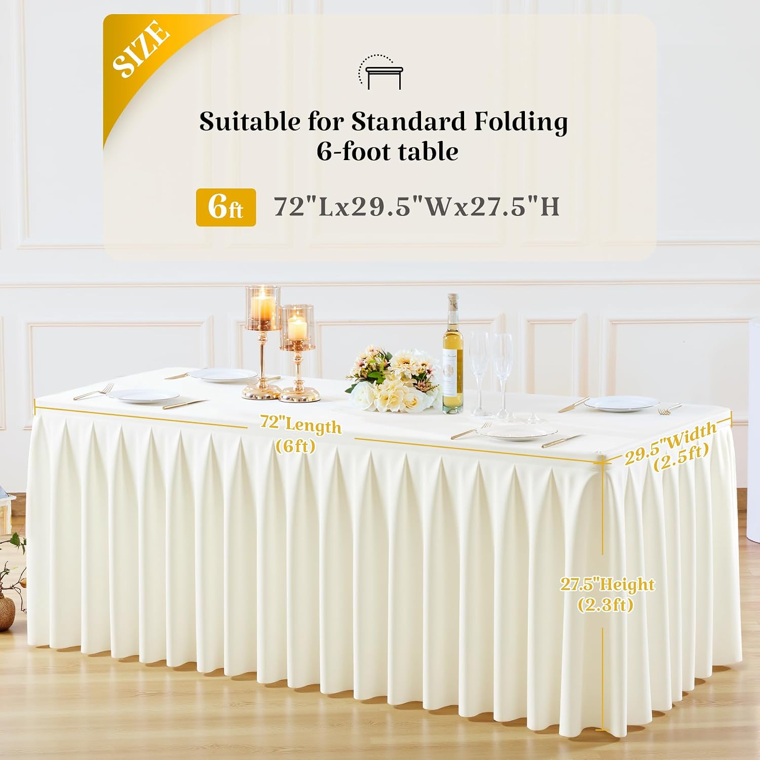gogoparti Table Skirts for Rectangle Tables 6ft, 8 Pack Ivory Table Covers for 6 Foot Tables Wrinkle Free Stretch Table Cloths with Pleated Skirt Fabric for Banquet, Party, Wedding