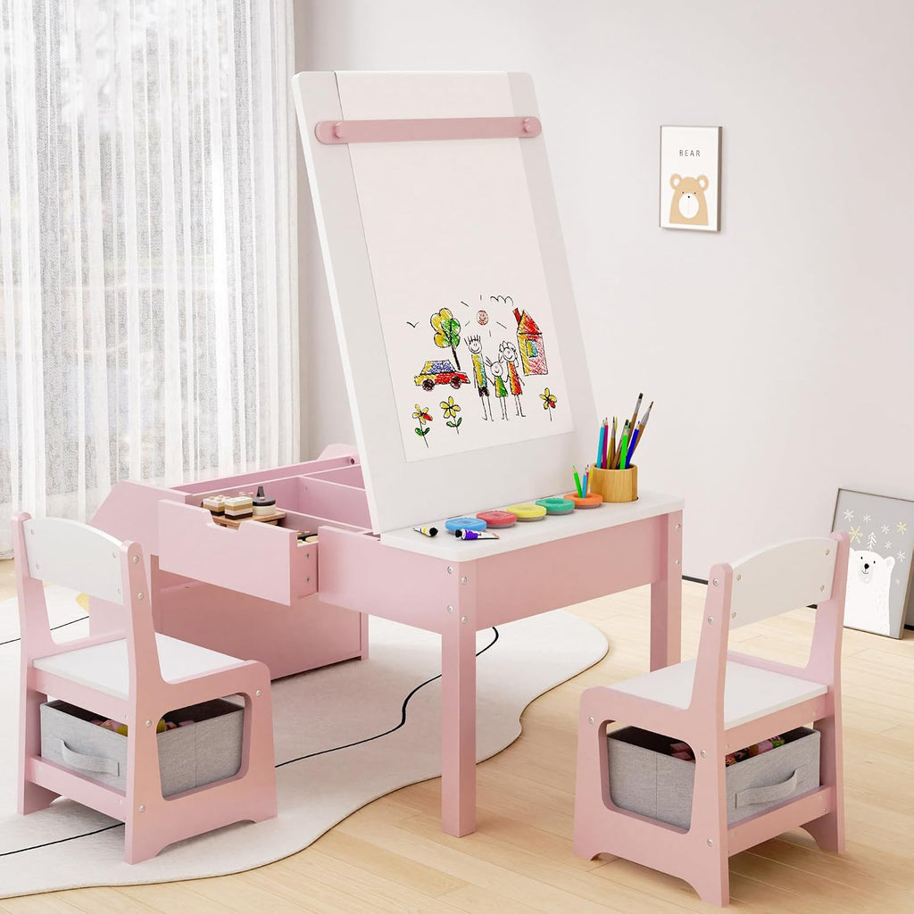 5-in-1 Kids Art Table and Chairs, Wood Toddler Table and Chair Set with Storage Drawers, Craft Play Desk for Kids, Convertible Art Easel with Paper Roll Holder, Children Activity Learning Center-Pink