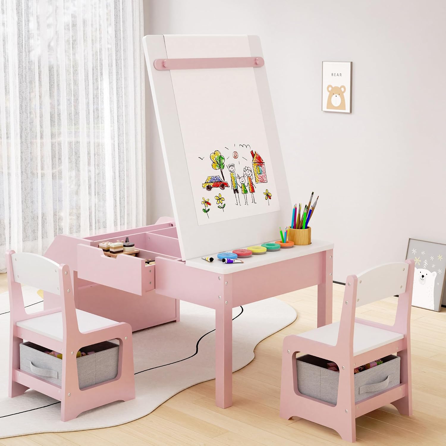 5-in-1 Kids Art Table and Chairs, Wood Toddler Table and Chair Set with Storage Drawers, Craft Play Desk for Kids, Convertible Art Easel with Paper Roll Holder, Children Activity Learning Center-Pink