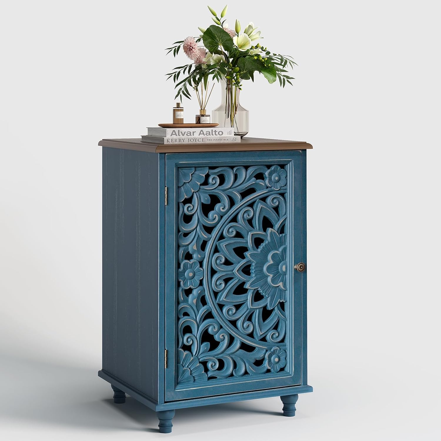 JOINICE Small Accent Cabinet with Carved Mandala Door,Storage Cabinet with Solid Wood Legs & Adjustable Shelf,Boho Distressed End Table for Living Room,Bedroom, Entryway Side Table(Blue & Walnut)