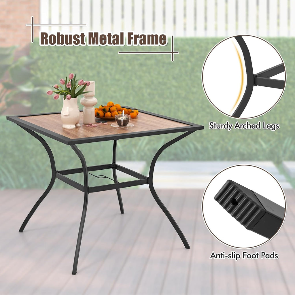 Tangkula Metal Square Patio Dining Table for 4, Heavy Duty Bistro Table with Adjustable Umbrella Hole & Wooden-Like Waterproof Tabletop, Outdoor Dinner Table for for Backyard, Deck, Lawn, Poolside