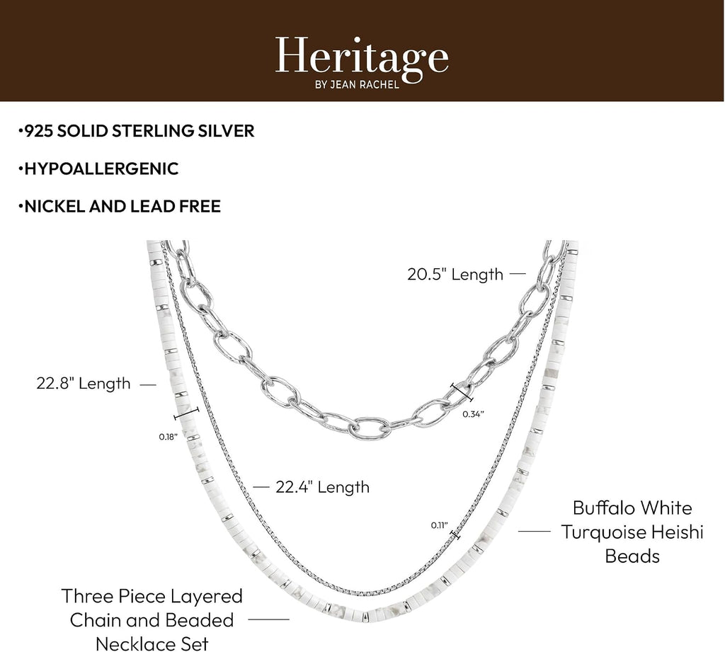 JEAN RACHEL JEWELRY Men's 3-Piece Necklace Layering Set - Hammered Link Chain, Box Chain & White Buffalo Turquoise Beads - Monochrome Bundle