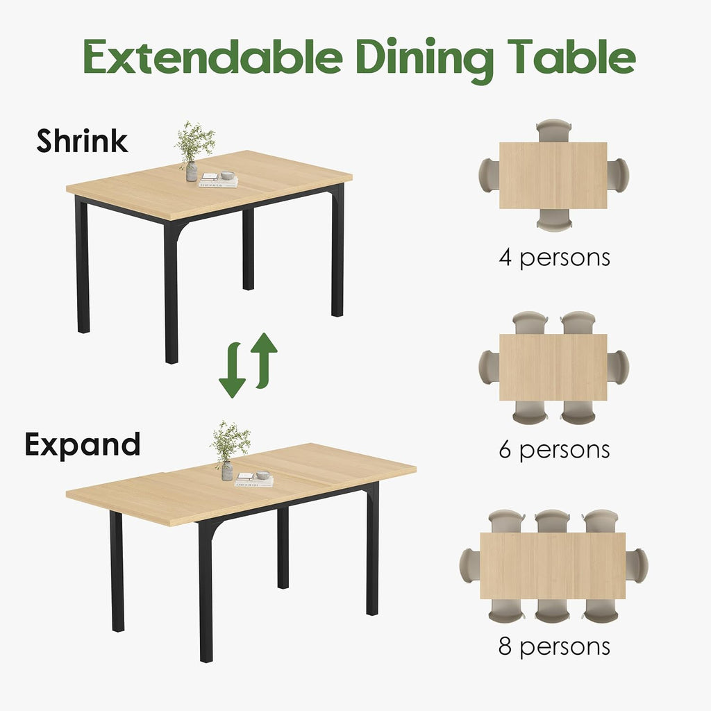 Extendable Dining Table, Rectangle Kitchen Table for 4-8 People, Modern Wooden Dinner Table with Strong Metal Legs, Space Saving Expandable Dining Room Table for Restaurant, Conference, Natural