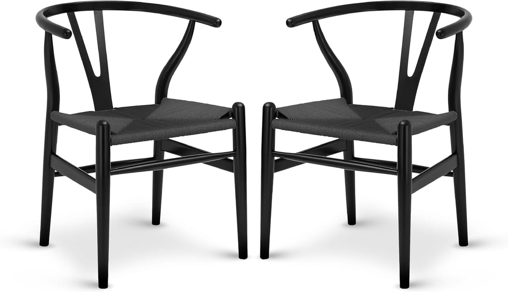 Poly & Bark Weave Dining Chairs – Mid-Century Modern Wishbone Dining Chairs with Arms, Solid Wood Frame, Indoor Use – Pitch Black – Set of 2 - Ideal for Dining Room, Kitchen or Stylish Accent Setting