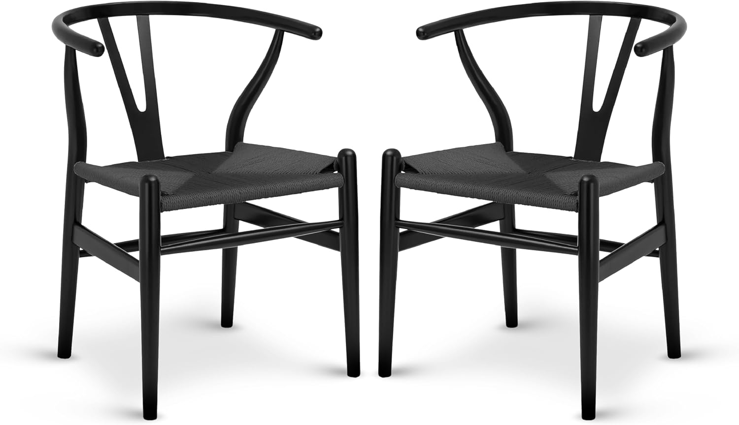 Poly & Bark Weave Dining Chairs – Mid-Century Modern Wishbone Dining Chairs with Arms, Solid Wood Frame, Indoor Use – Pitch Black – Set of 2 - Ideal for Dining Room, Kitchen or Stylish Accent Setting