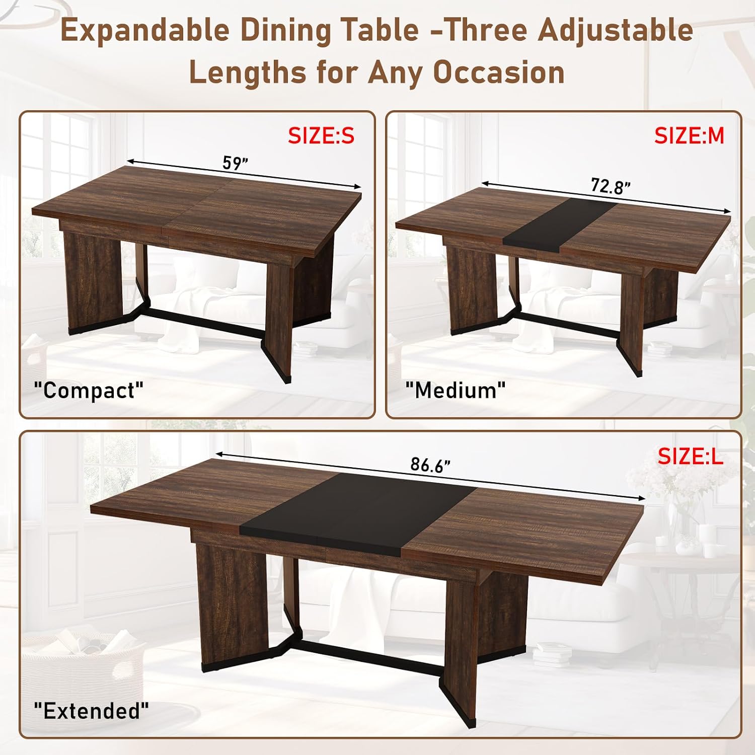 59'-86' Extendable Dining Table for 6 8 10 People,86' Farmhouse Rectangle Extending Dining Table w/Removable Leaves Space Saving,Wooden Adjustable Tables for Kitchen Office Living Room(BR+BK)