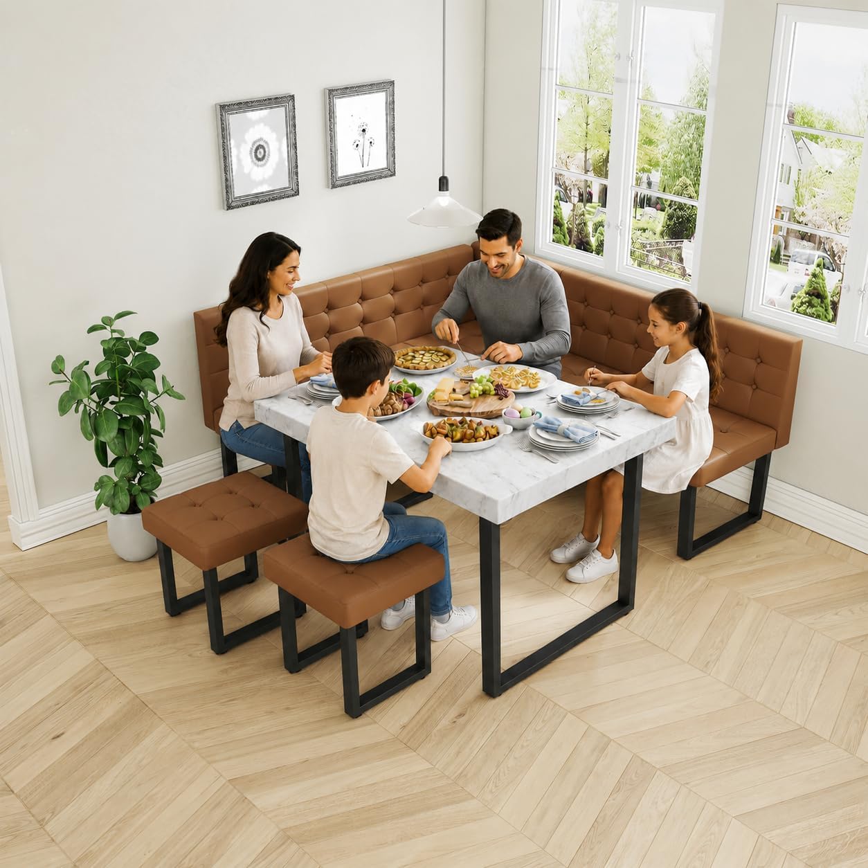 XIAO WEI Corner Dining Table Set for Small Spaces, 72 Inch Breakfast Nook with Storage Banquette, 5 Piece Dining Set with Upholstered Bench, Modern Caramel Brown