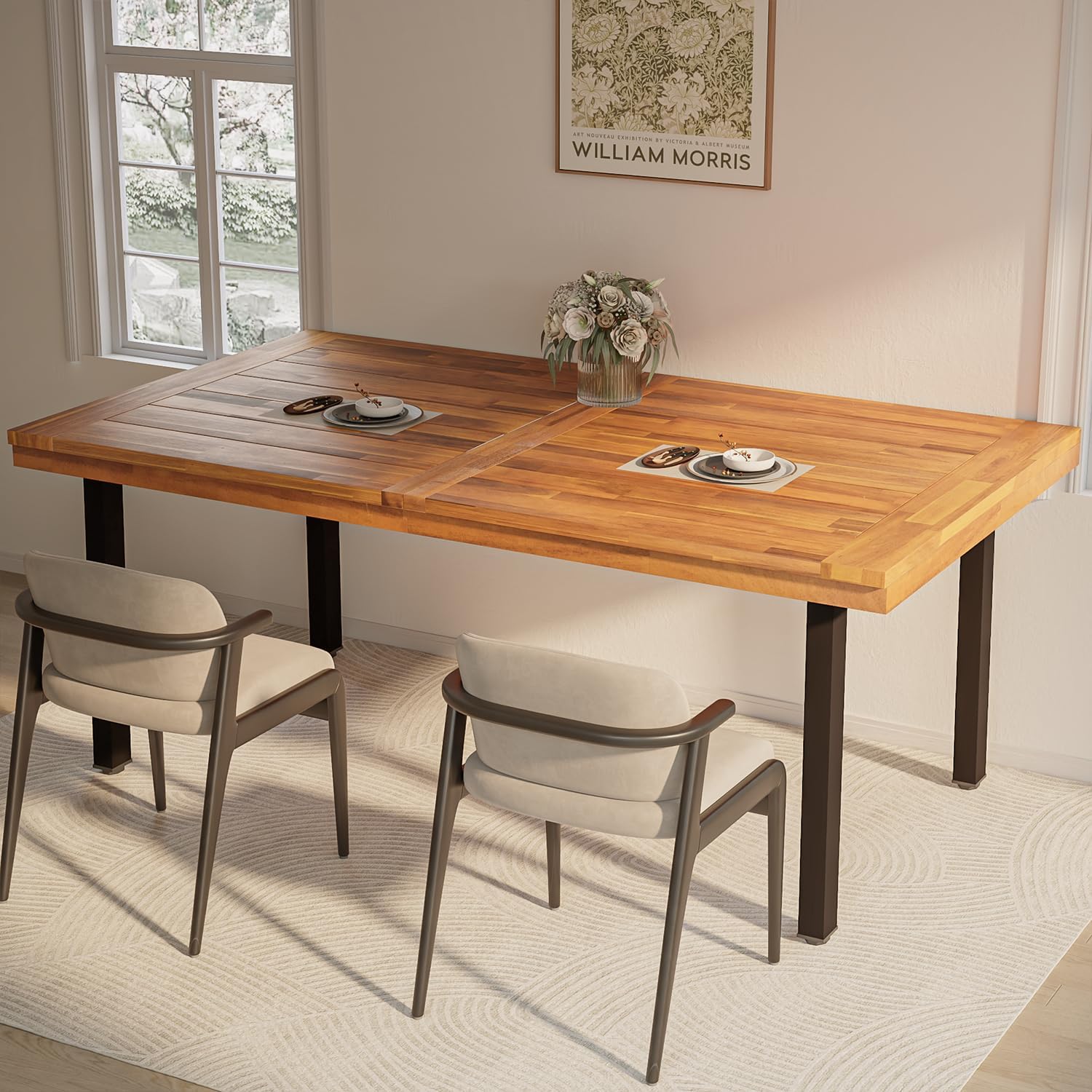 OFIKA Dining Table for 6-8 People, 70' Acacia Wood Rustic Rectangular Dinner Table with Metal Frame, Sandblast Finish, Natural Stained, Indoor Outdoor Kitchen Dining Room Table Large 70x33.2x30 inch