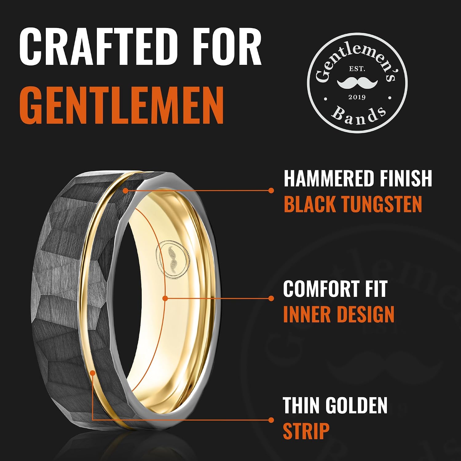 Gentlemen's Bands 8mm Black Hammered Tungsten Men's Wedding Band With Thin Gold Strip and Gold Interior | Engagement, Promise Ring For Men | Includes Silicone Band, Walnut Box, Leather Pouch Set,