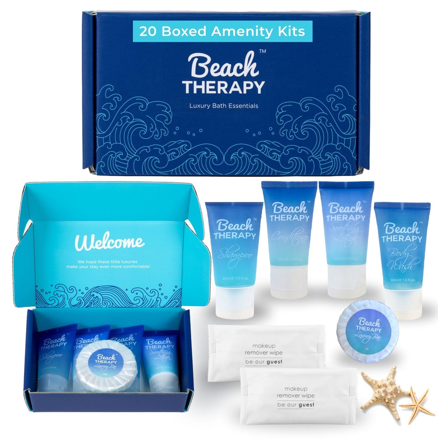 20 Display Ready Boxed Amenity Kits with Premium Hotel Toiletry Essentials - 1 oz Shampoo, Conditioner, Body Wash, Body Lotion, 1.2 oz Guest Soap & 2 Makeup Remover Wipes - Air bnb & Vacation Rentals