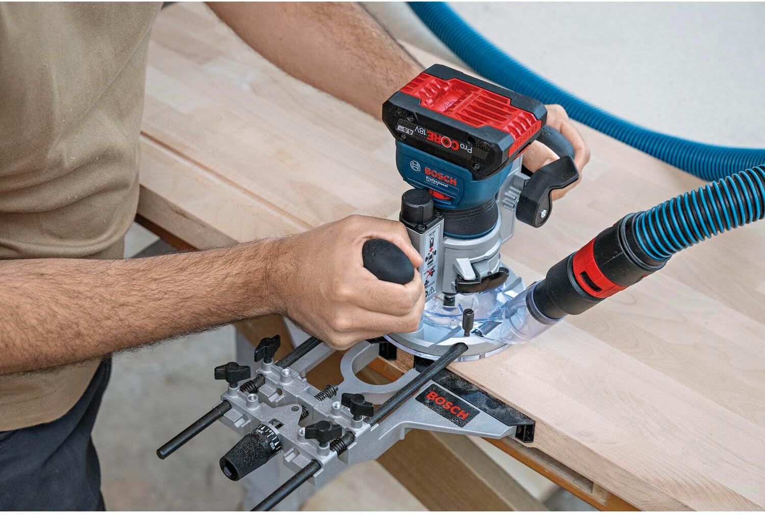 Bosch Professional 18V System Cordless Router GKF 18V-8 (incl. Parallel Guide, 2X Routing vac adaptors, Chip Shield, 8mm Collet, Wrench, Without Battery/Charger)