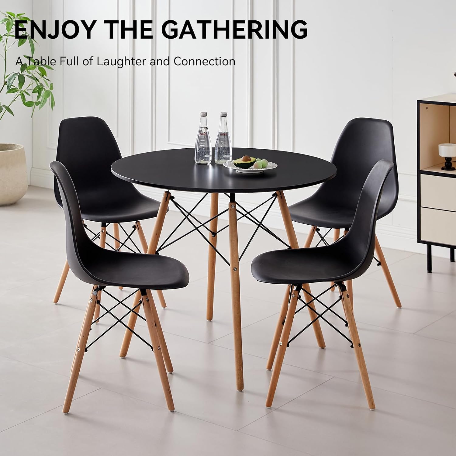 5-Piece 35.5' Round Dining Table Set, Small Kitchen Table Chairs Set of 4 Plastic Seats, Solid Wood Legs, Space Saving Furniture for Living Room Apartment Office Home, Black
