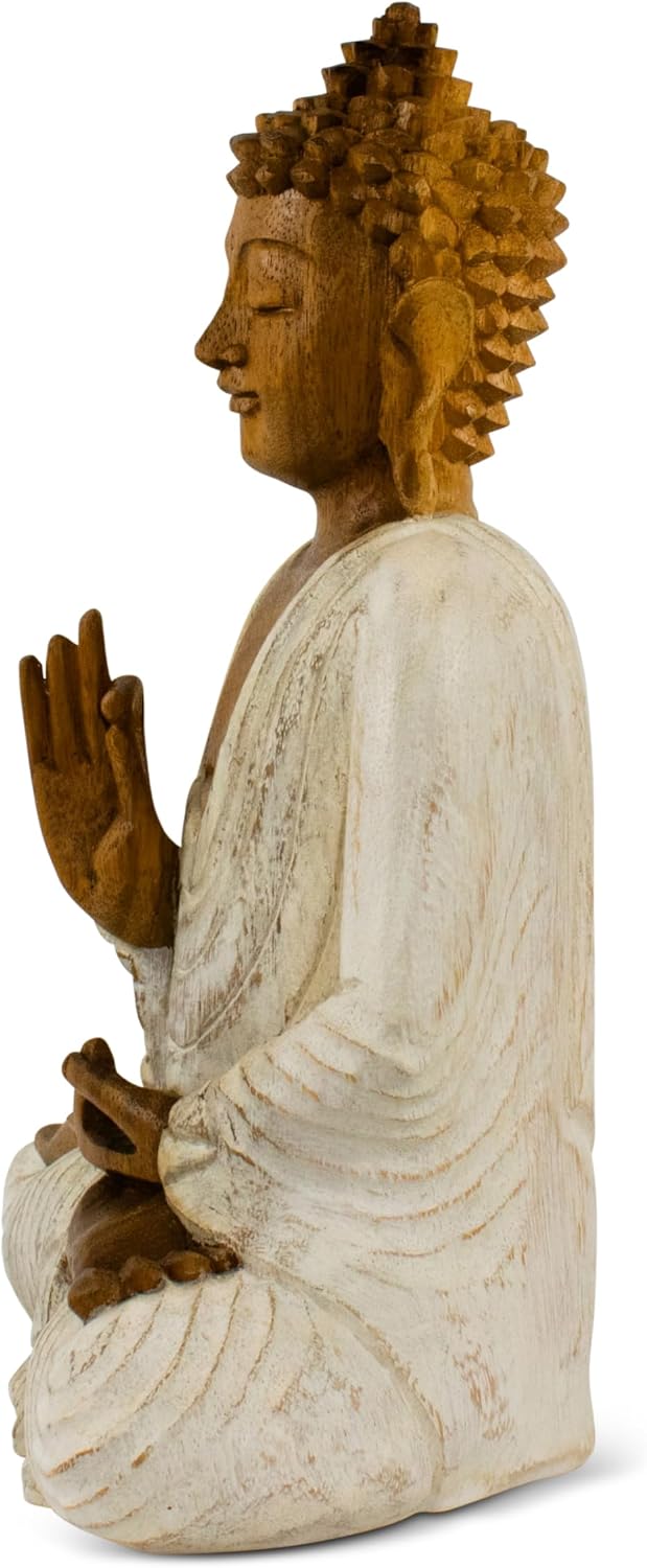 G6 Collection Wooden Serene Meditating Sitting Buddha Art Statue Hand Carved Sculpture Home Decor (16' Tall – Whitewashed)