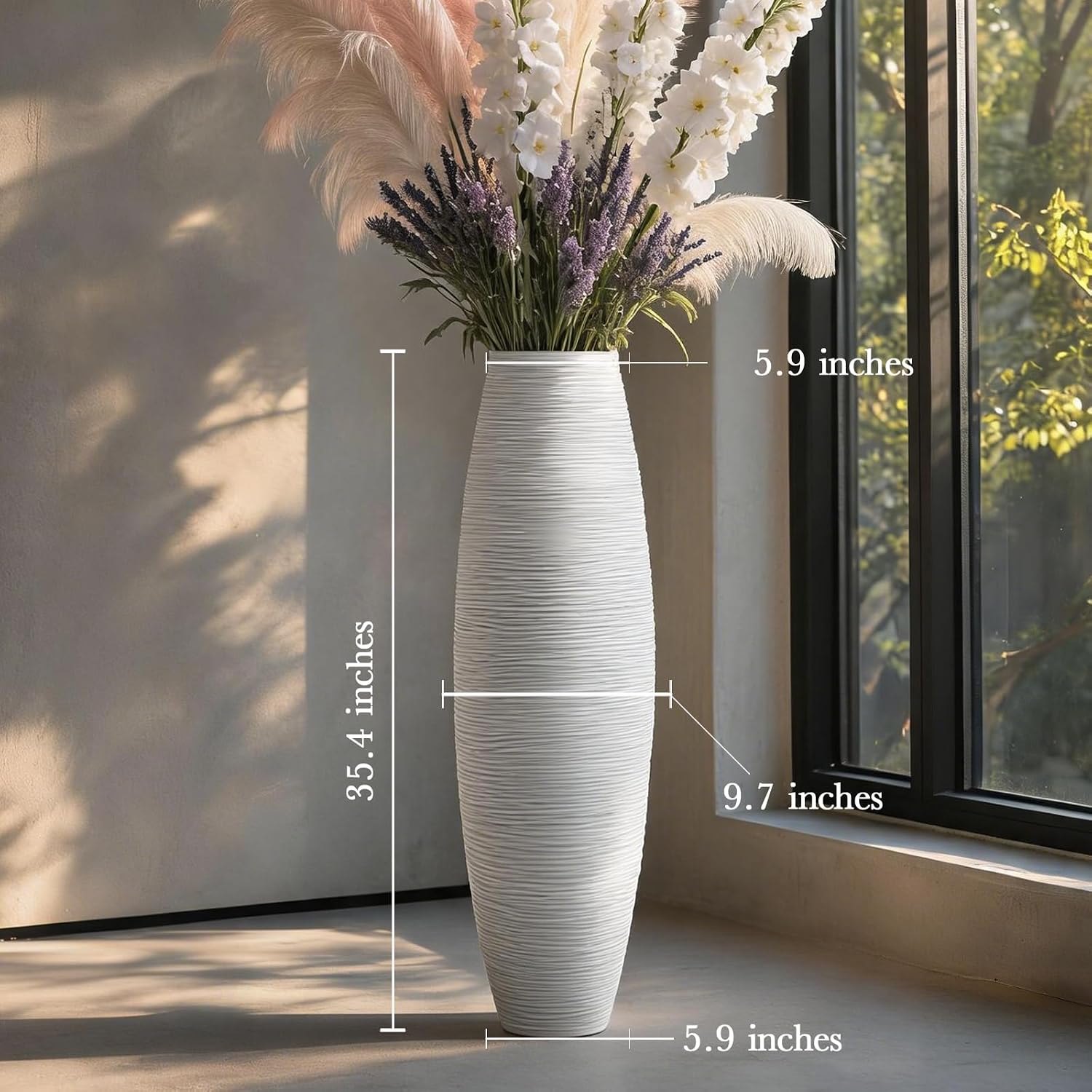 Large Floor Vase 35.4' Matte White, Resin Wide-Body Vase with Horizontal Ribbed Texture for Dried Pampas Grass Branches, Modern Home Decor for Living Room Corner Entryway