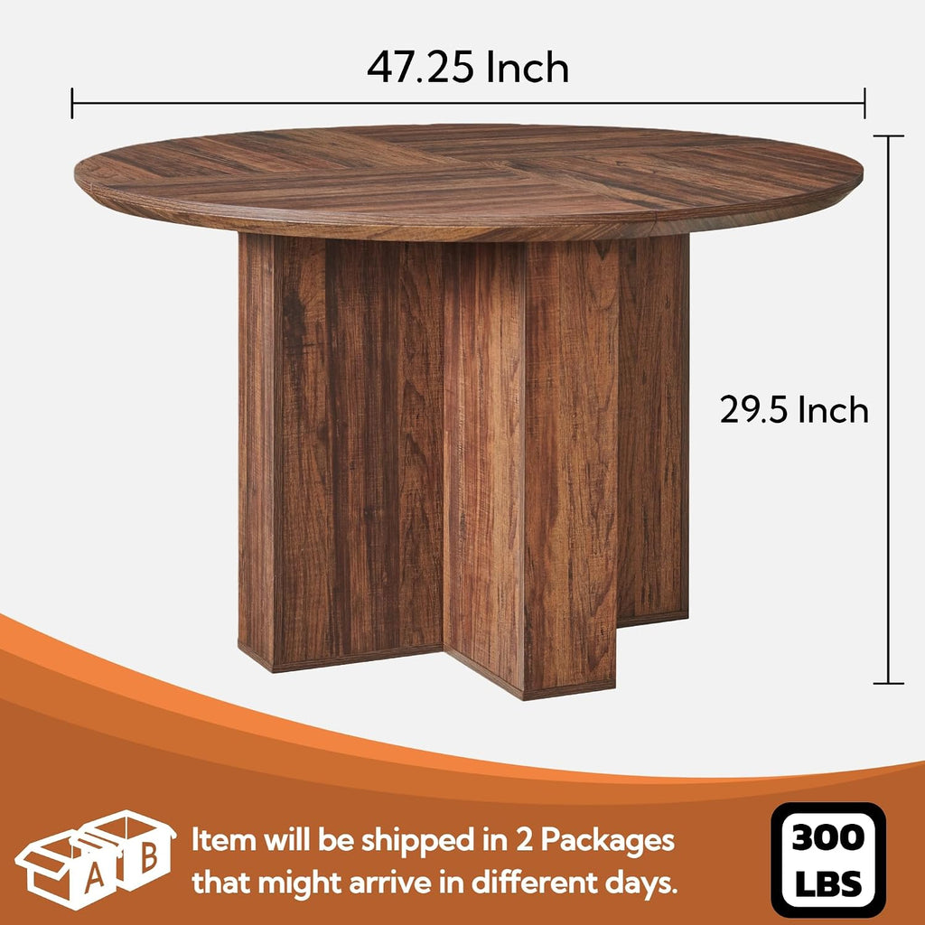 RedLemon Round Dining Table for 4 People, 47' Modern Wood Kitchen Table with Thick Stable Cross Pedestal Base & Curved Edge, Round Dinner Table for Dining Room, Kitchen (Rustic Walnut)