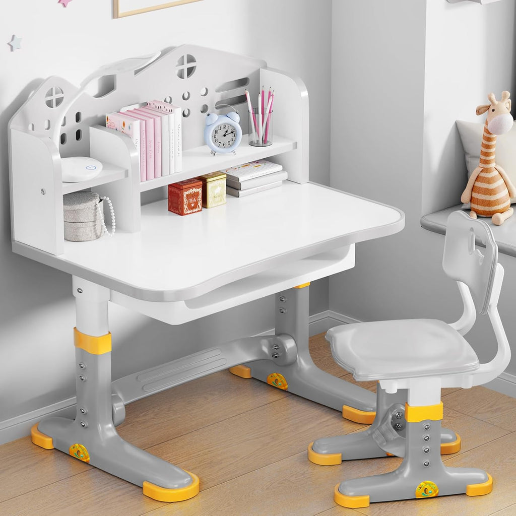 Kids Desk and Chair Set, Height Adjustable Child's School Study Writing Tables, Kids Desk with Bookstand and Storage Drawer, Widened Desktop with Desktop for Boys and Girls (Gray-B)