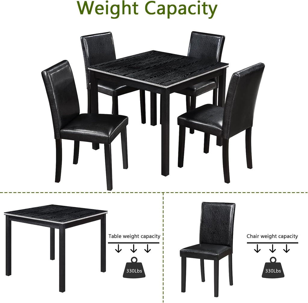 LUMISOL Dining Table Set for 4, 5-Piece Solid Wood Kitchen Table Set with 4 Upholstered Chairs for Kitchen, Dining Room, Black