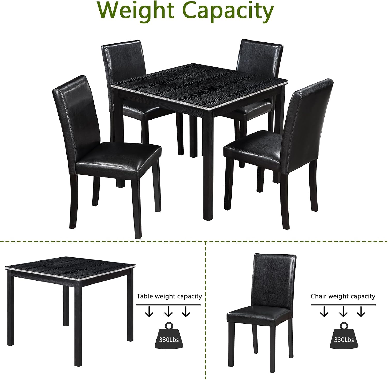 LUMISOL Dining Table Set for 4, 5-Piece Solid Wood Kitchen Table Set with 4 Upholstered Chairs for Kitchen, Dining Room, Black