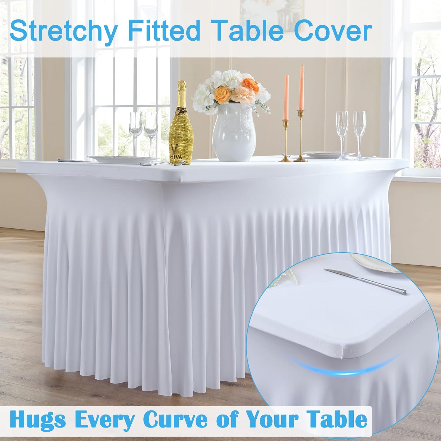 CO-AVE 12pack White Spandex Tablecloths 6ft for Rectangle Tables, Wrinkle Free Classy Table Skirt Stretchy 6 Foot Fitted Table Cloths Covers for Weddings Birthday Party Events Banquette Baby Shower