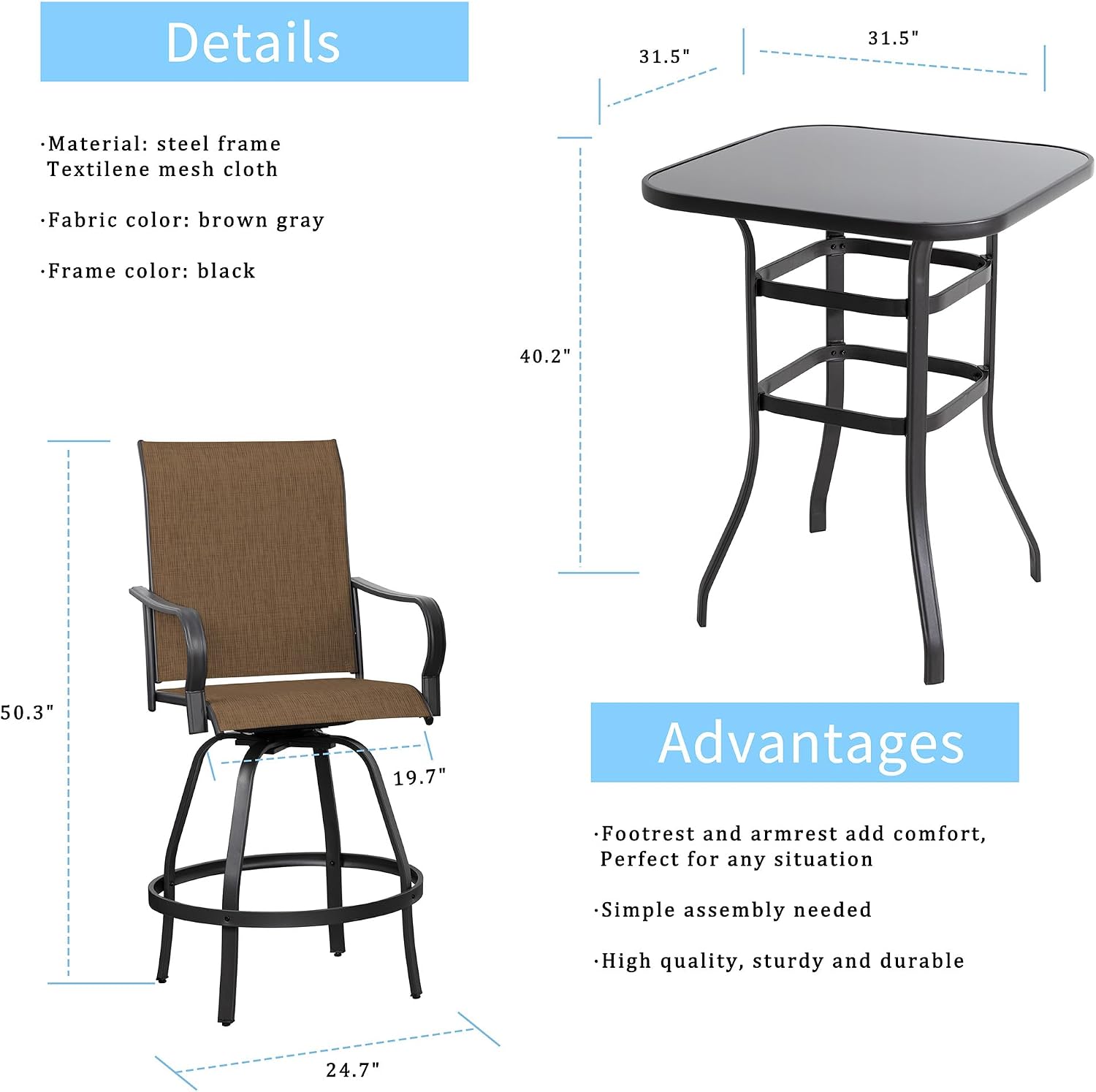 Shintenchi 5 Pieces Outdoor Swivel Bar Set, All Weather Textile Fabric Patio High Bar Stool Bistro Set with 4 Height Back Bar Chairs and Glass Table for Home, Backyard, Garden, Lawn, Porch