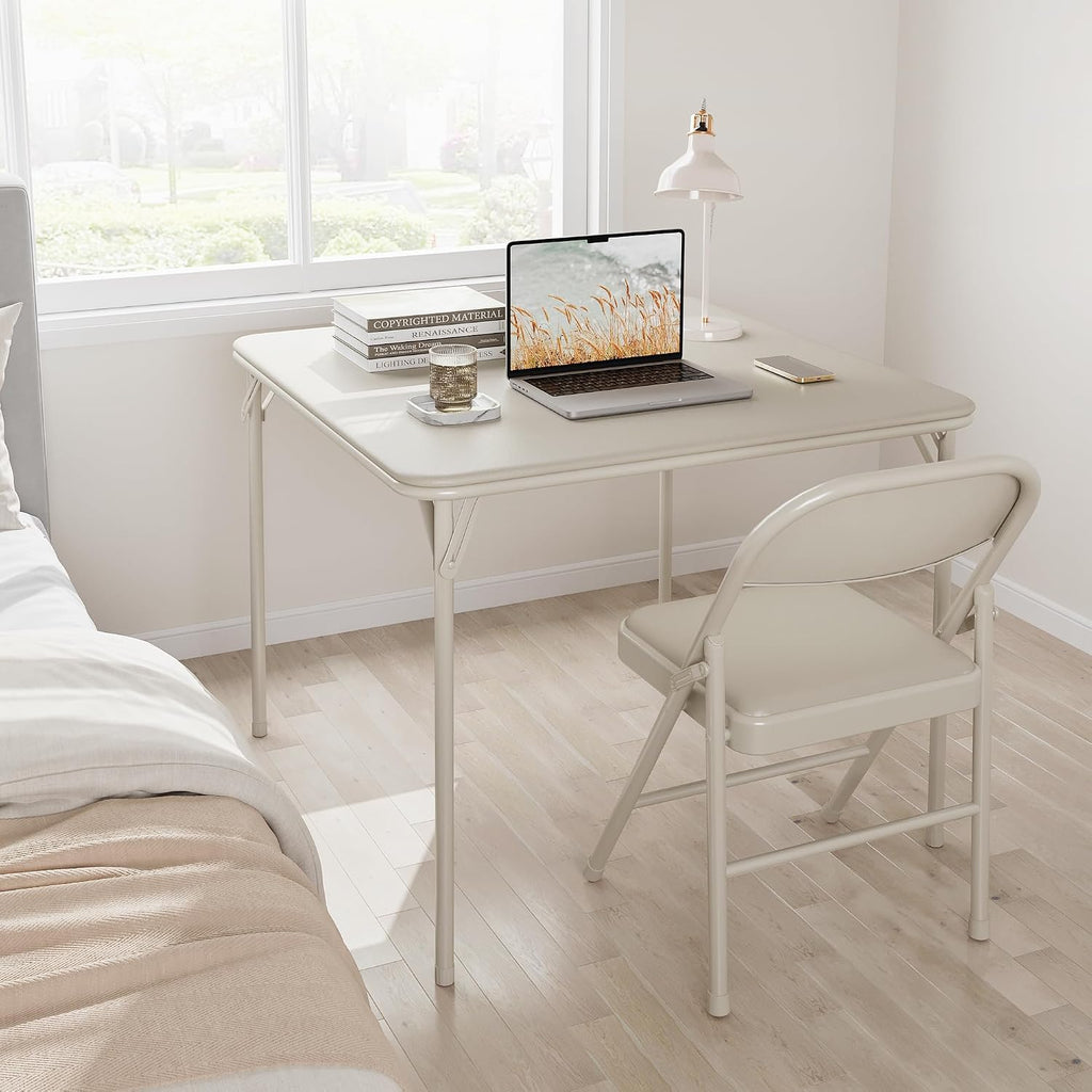 Folding Card Table and Chair Set of 3, Portable Square Card Table with 4 Upholstered Chairs, Foldable Chairs and Tables for Indoor and Outdoor Use, Space-Saving, No Assembly Required, Beige