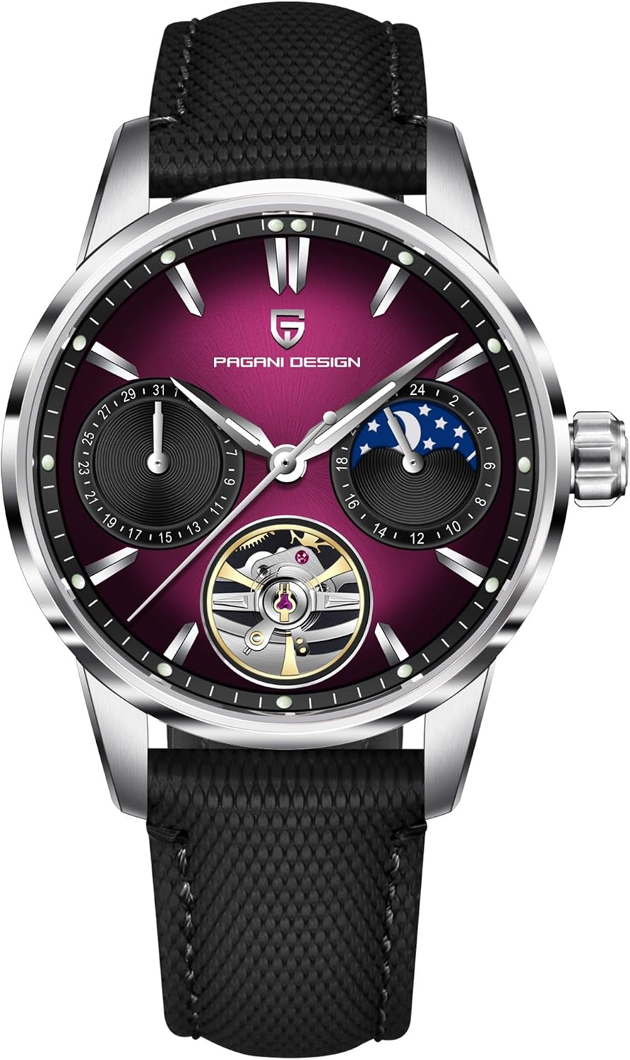 Pagani Design Luxury Men's Automatic Watch Skeleton Tourbillon Moon Phase Stainless Steel 100m Waterproof Leather Strap Men's Mechanical Watch
