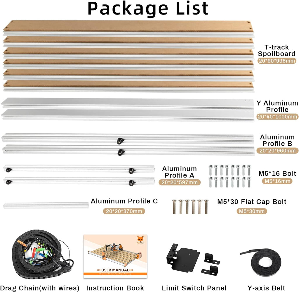 FoxAlien 4080 Y-axis Extension Kit for Masuter Pro, with Upgraded T-slot Hybrid Spoilboard CNC Router Machine Working Area Extend (15.75' x 31.5', X-Y)