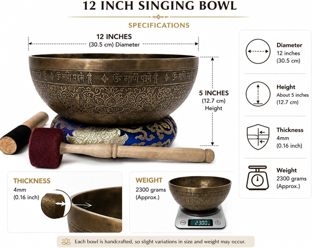 12' Om Mane Padme Hum Mantra Carved Singing Bowl for Meditation, Healing & Music Therapy - Tibetan Handmade Bowls