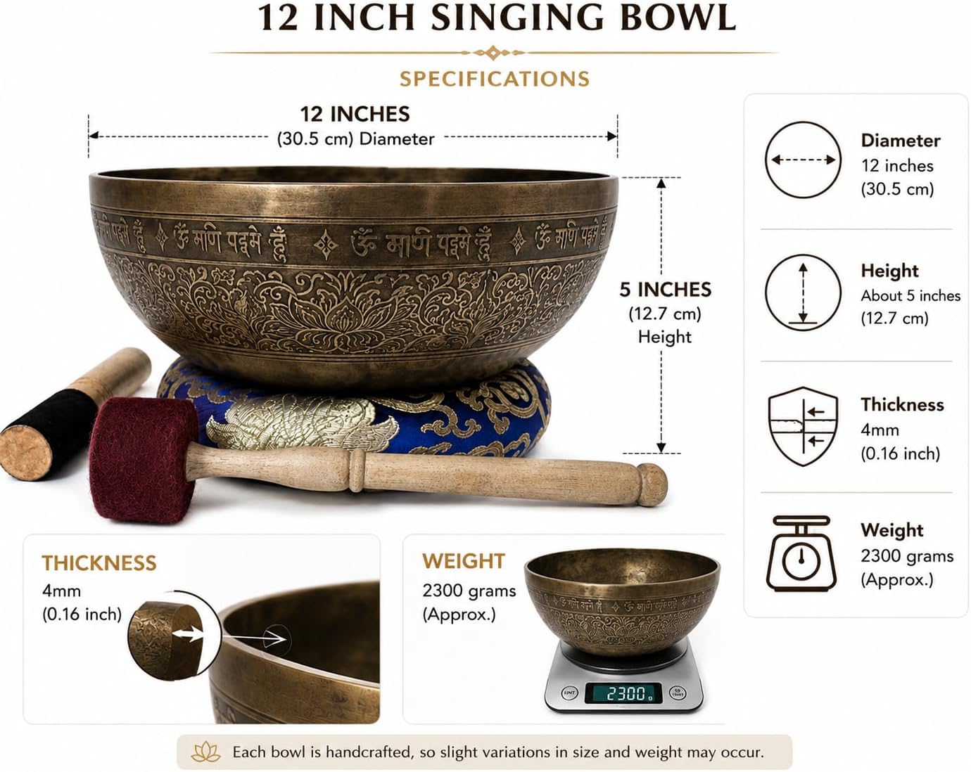 12' Om Mane Padme Hum Mantra Carved Singing Bowl for Meditation, Healing & Music Therapy - Tibetan Handmade Bowls