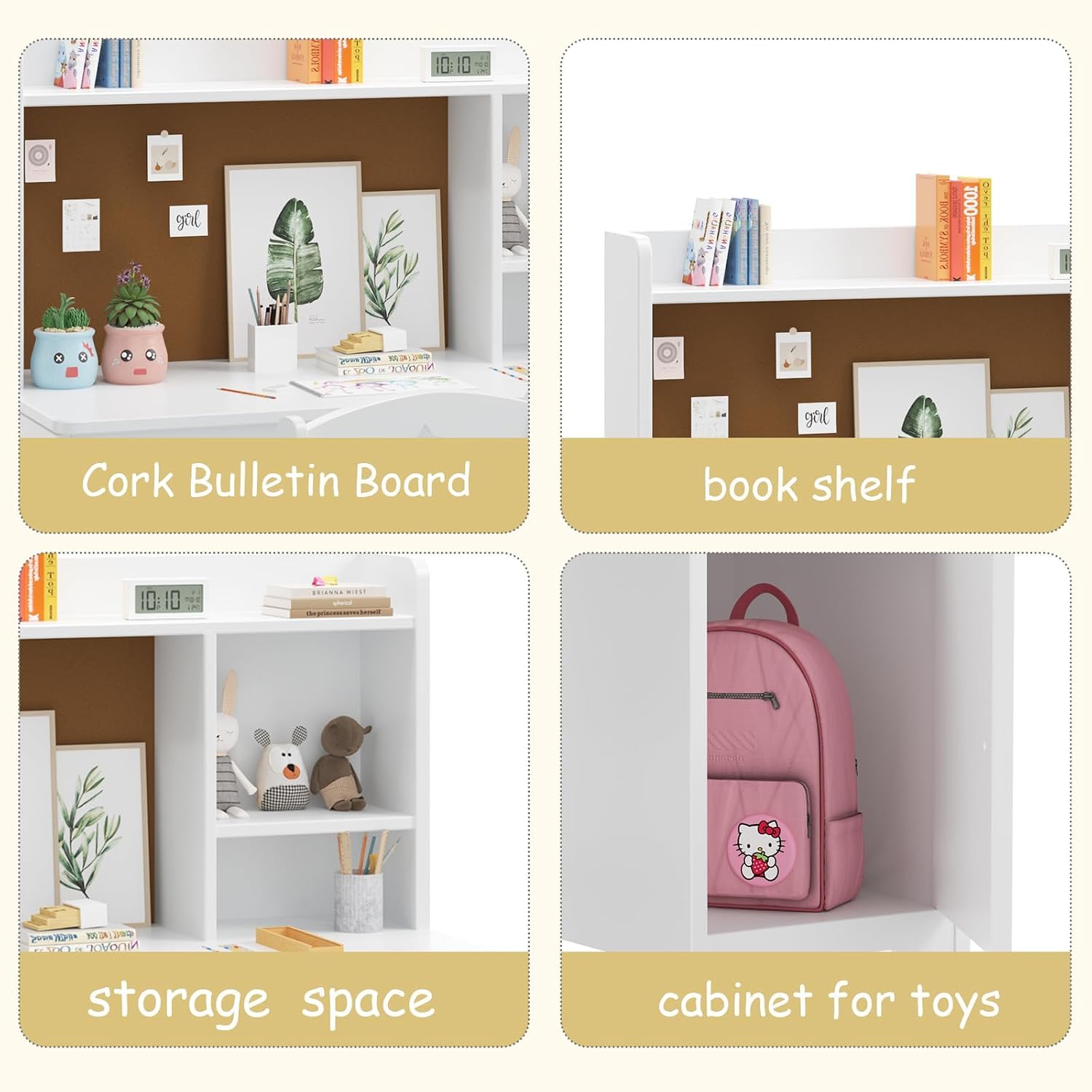 GarveeHome Kids Desk & Chair Set with Hutch, Storage Cabinet, Wooden Children Student Writing Table Computer Workstation for Kids Bedroom & Study Room