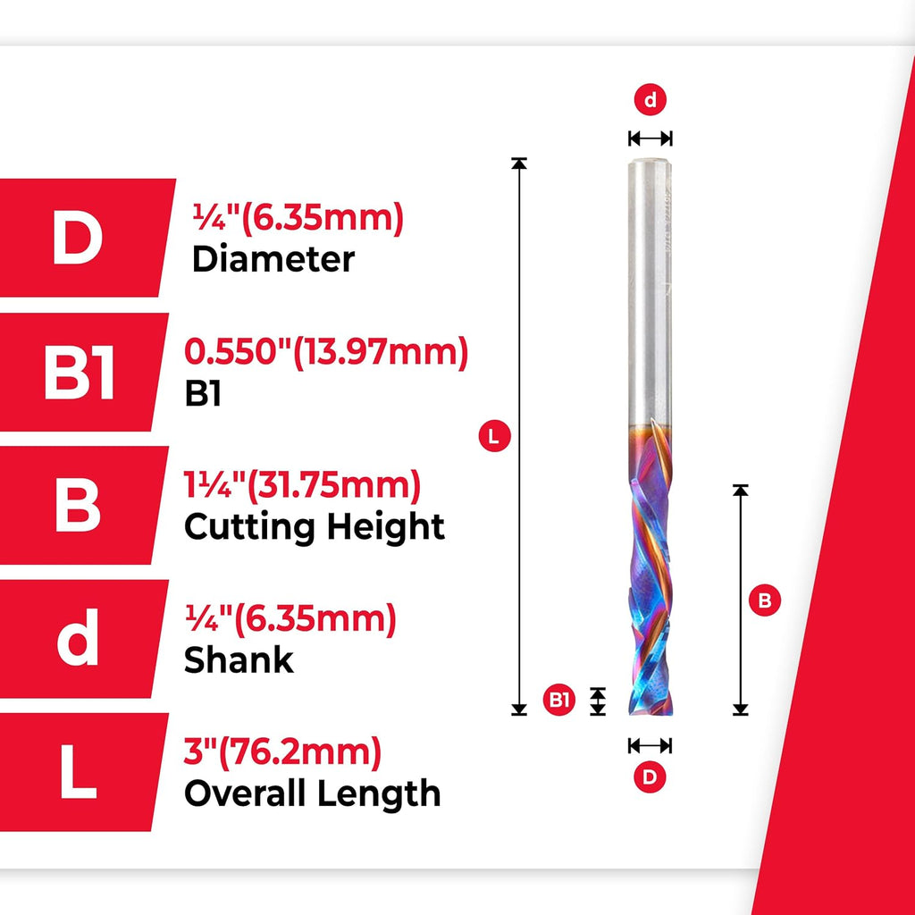 Amana Tool Spektra Extreme Tool Life Solid Carbide CNC Compression Spiral Router Bit, 46177-K-5 5 Pack, 1/4 D x 1-1/4 CH x 1/4 Shk x 3 Inch L 2 Fl
