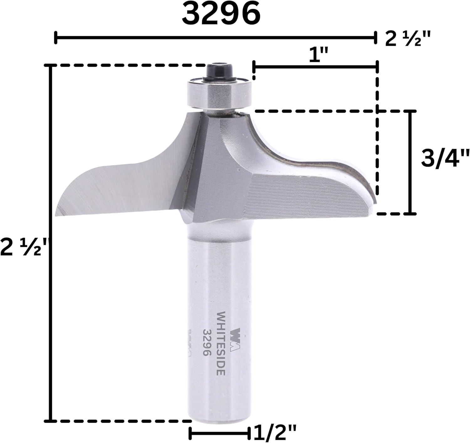 Whiteside 3296 Table Edge Traditional Router Bit: 1 Inch Profile Width, 2-1/2 Inch Large Diameter, 3/4 Inch Cutting Length, 1/2 Inch Shank, 2-1/2 Inch Overall Length, B3 Bearing