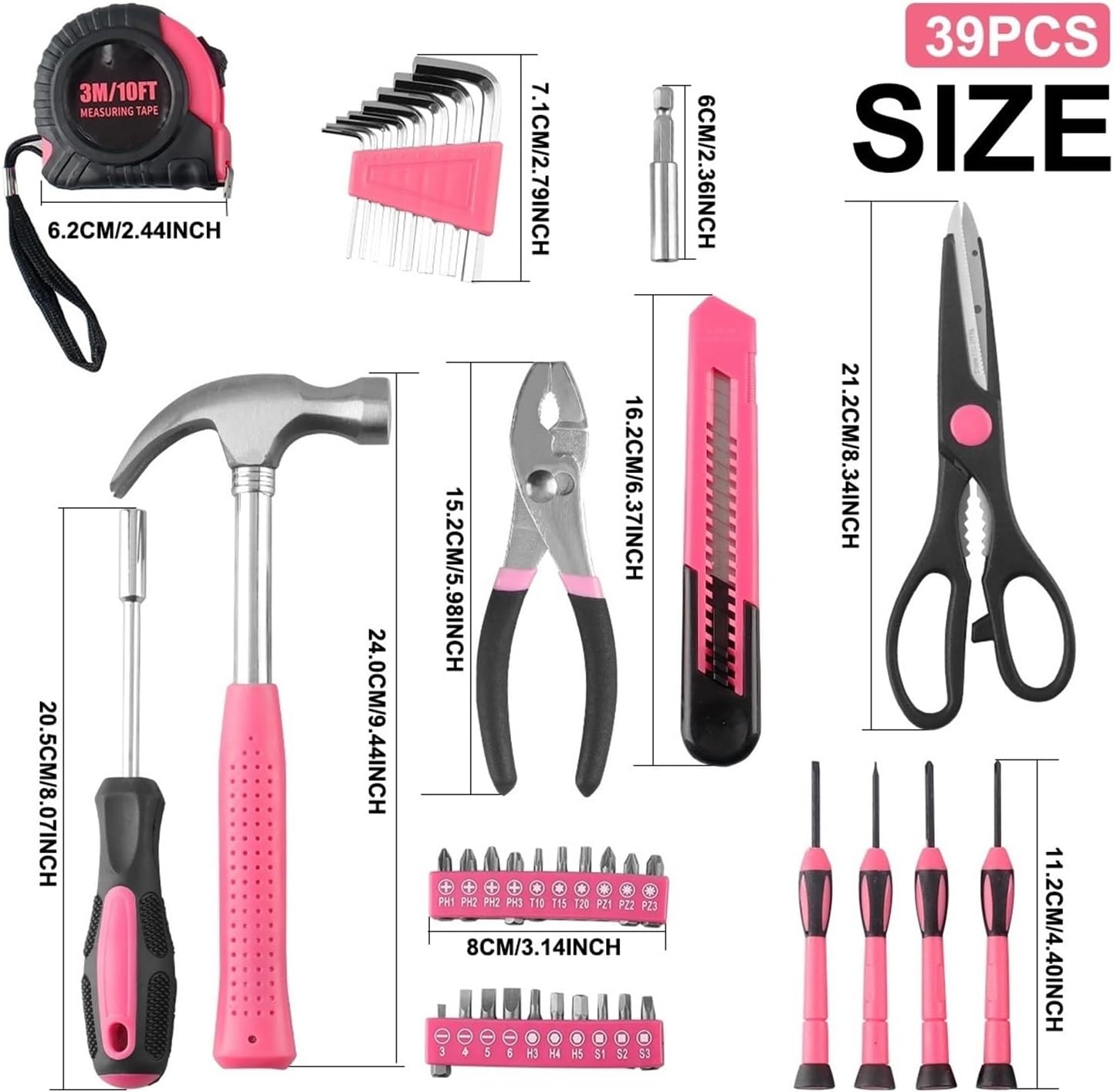 39Pcs Household Repair Tool Kit Multipurpose Pink Home Hand Tool Set with Storage Case Durable Hammer and Screwdriver Set