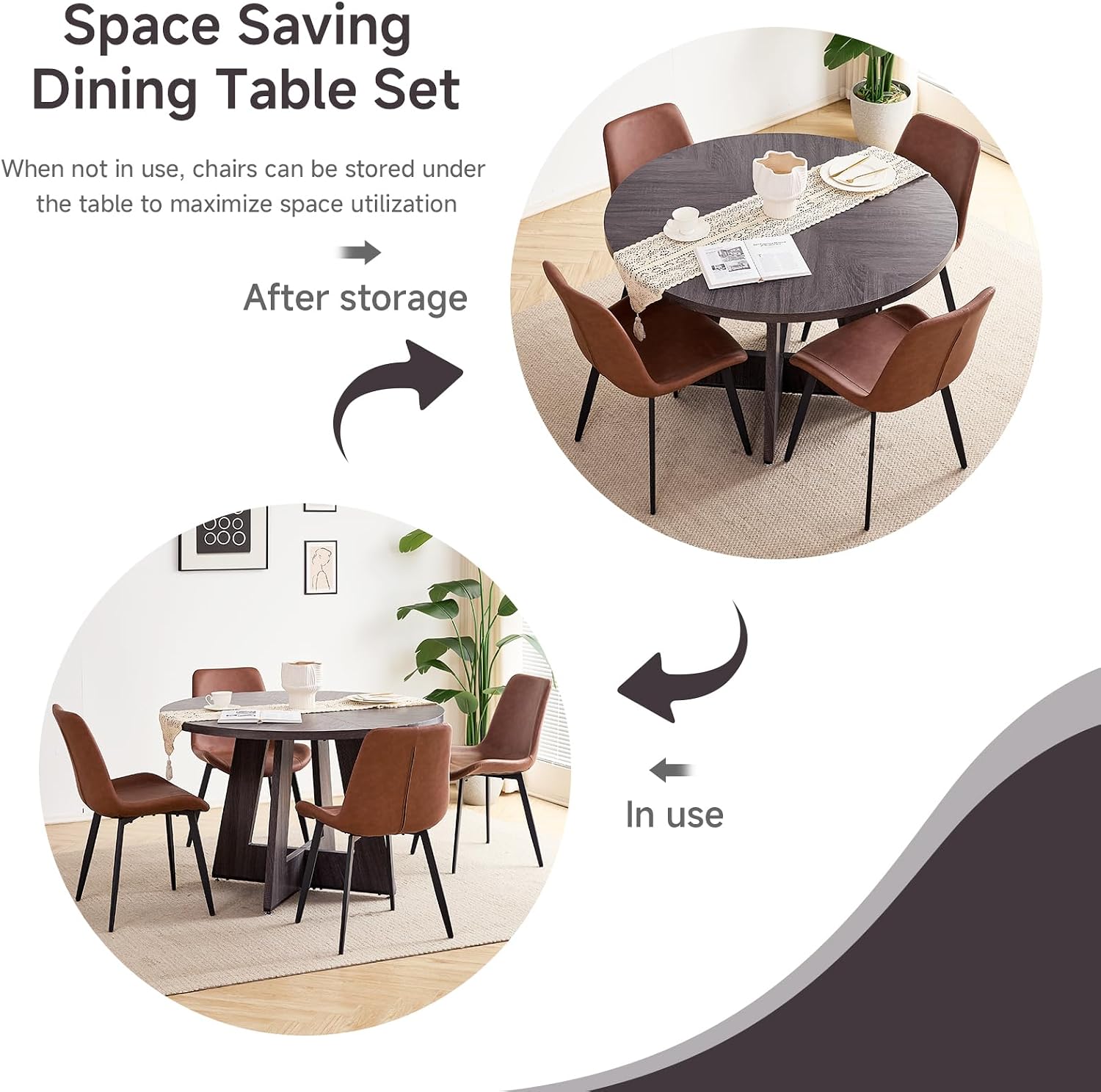 47 inch Round Dining Table Set for 4 with Chairs Kitchen Table and Chairs Set Mid-Century Modern Round Wood Kitchen Tables with Upholstered Synthetic Leather Chairs Set of 4