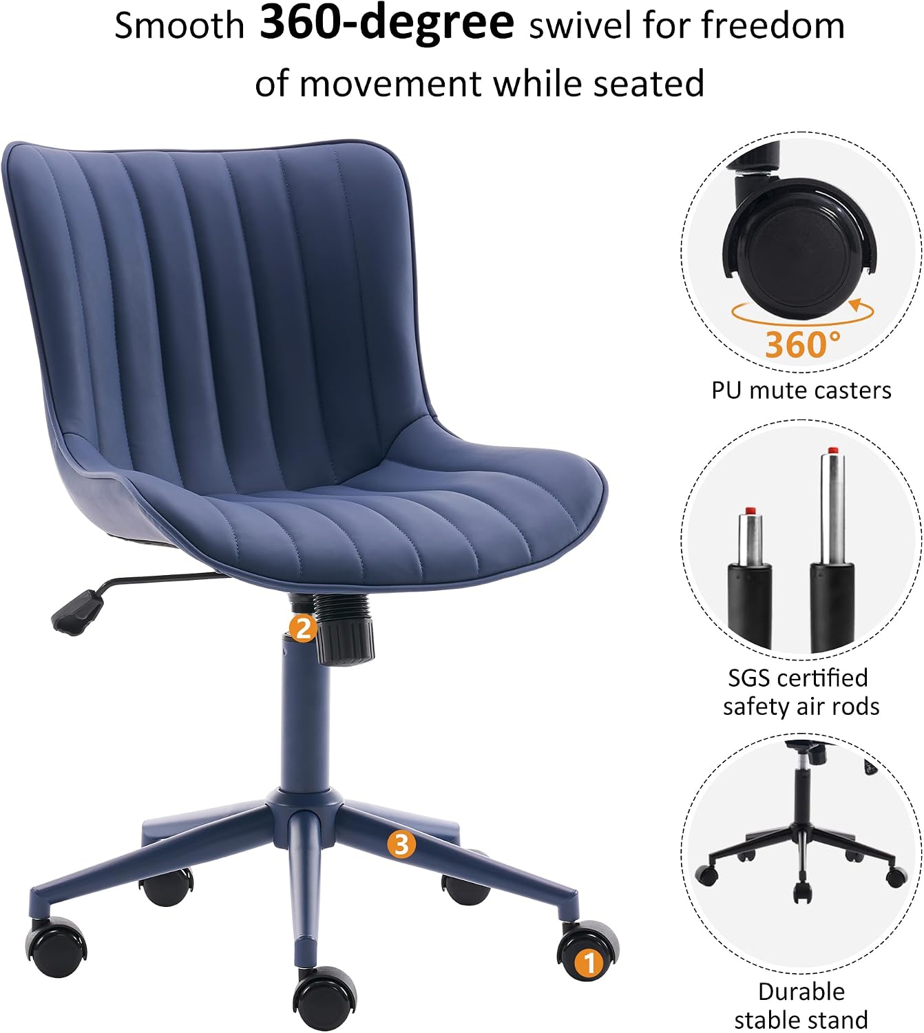 YOUNIKE Office Desk Chair with Wheels Armless Vanity Chair with Back Comfy Leather Upholstered Rolling Task Chair Swivel Small Cute Sewing Chair No Arms Wide Ergonomic Mid-Century Modern Navy Blue