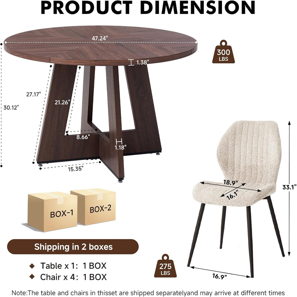 47' Round Dining Table Set for 4 with Chairs Kitchen Table and Chairs Set Mid-Century Modern Chair with Metal Leg for Apartment Living Room(1 Walnut Table + 4 Beige Chairs)