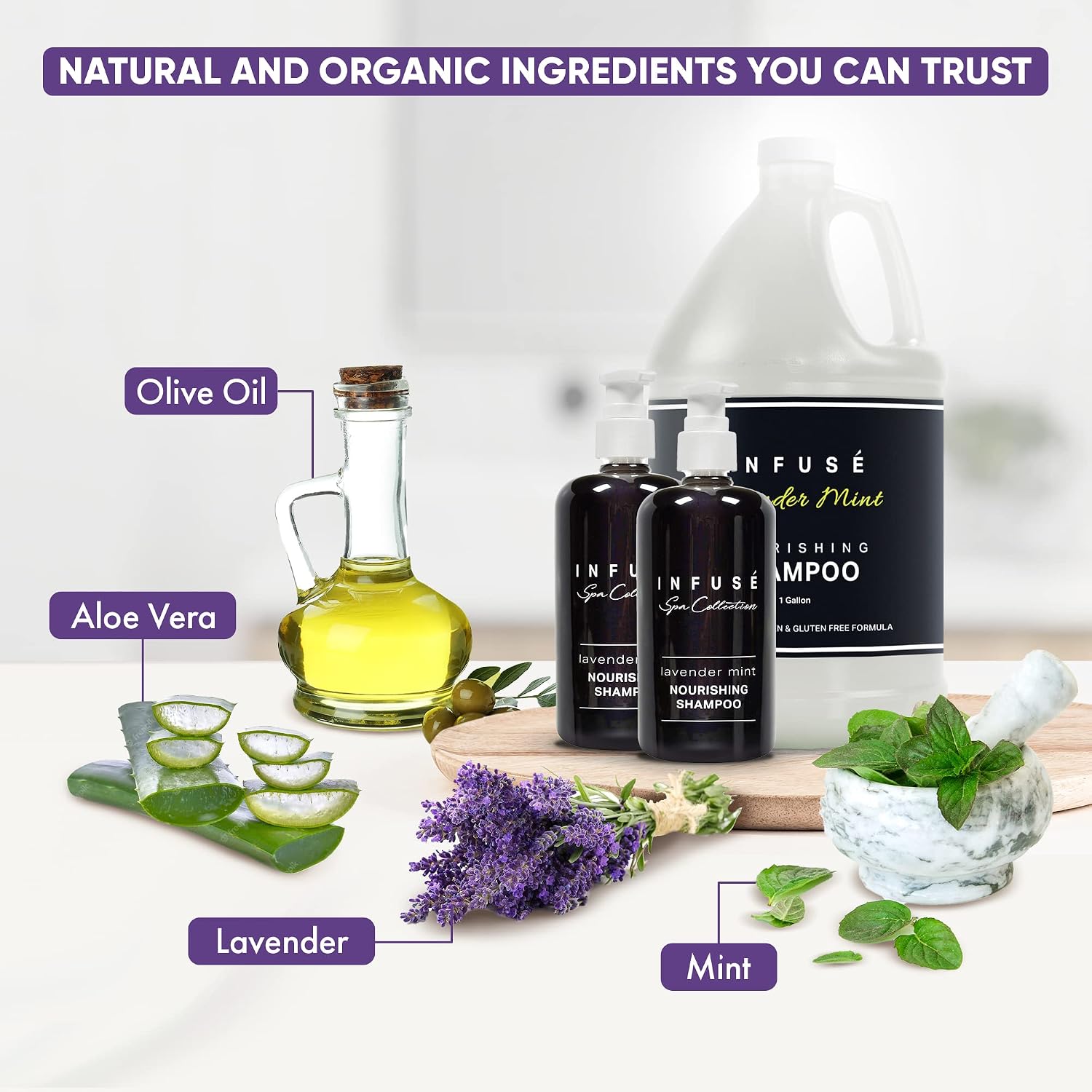 Infuse Lavender Mint Gallon & Dispenser Set | 1-Shoppe Amenities Kit | Shampoo, Conditioner, Body Wash | Refillable 10.14 oz Pump Bottles