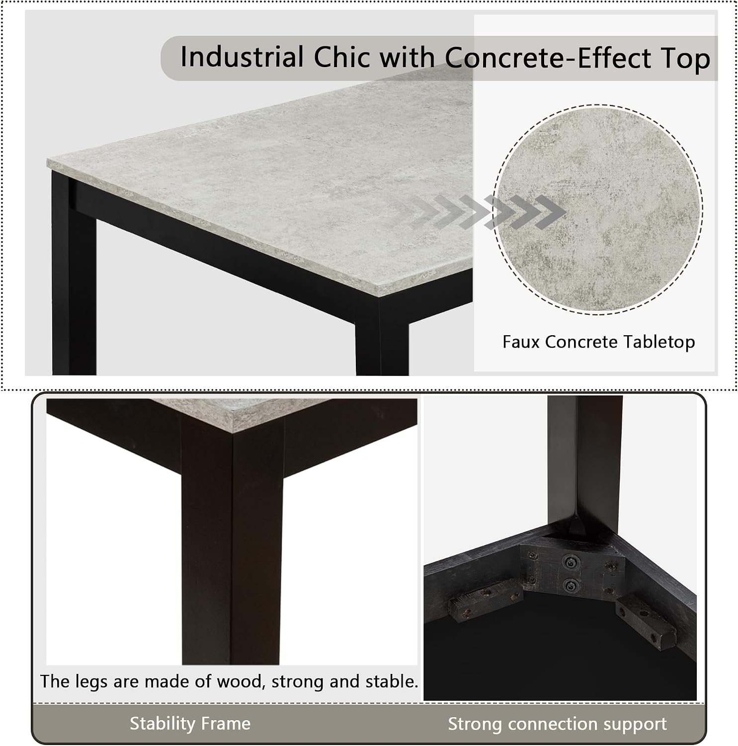 LUMISOL 6-Piece Dining Table Set with Bench, Solid Wood Kitchen Table Set with Concrete-Effect Tabletop and 4 Upholstered Chairs, Modern Dining Room Furniture, Grey & Black