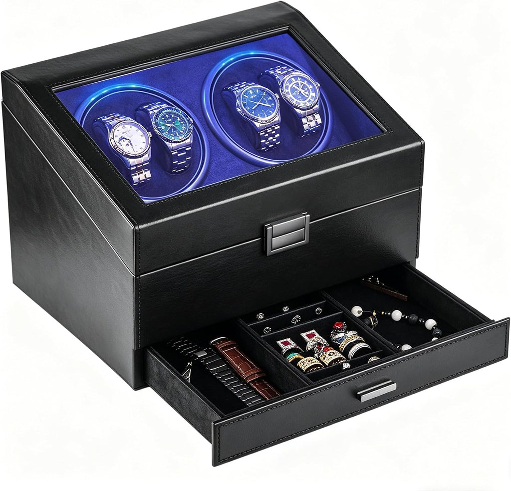 J&T Technology Watch Winder for 4 Automatic Watches, Watch Winder Box with Watch Holders and Jewelry Storage, Quiet Japan-Made Motor,LED Light,Gift for Men & Women