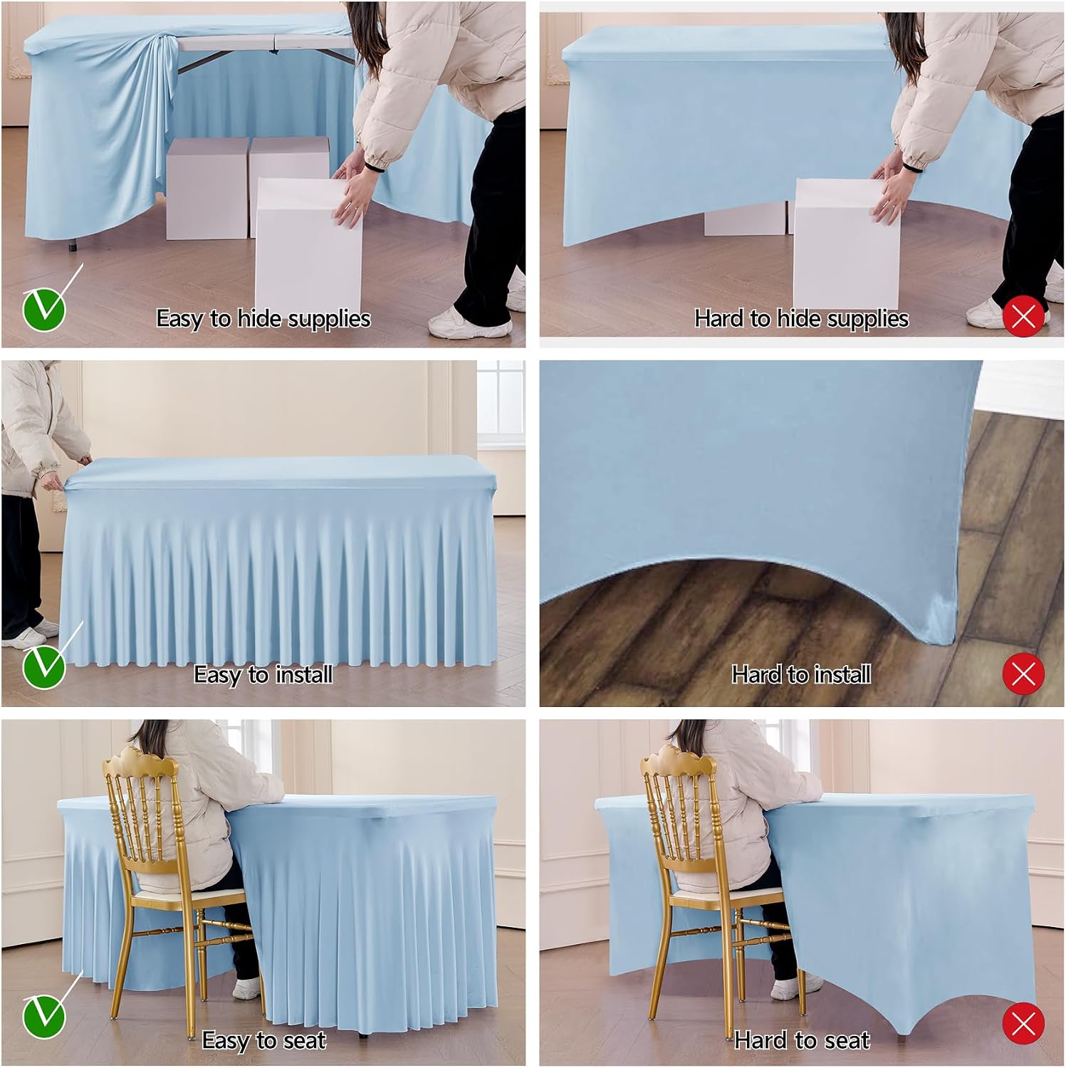Outpain 6Pack Baby Blue 8FT x 8FT Rectangular Spandex Polyester Blend Tablecloth for Standard Folding Tables - Set of 6