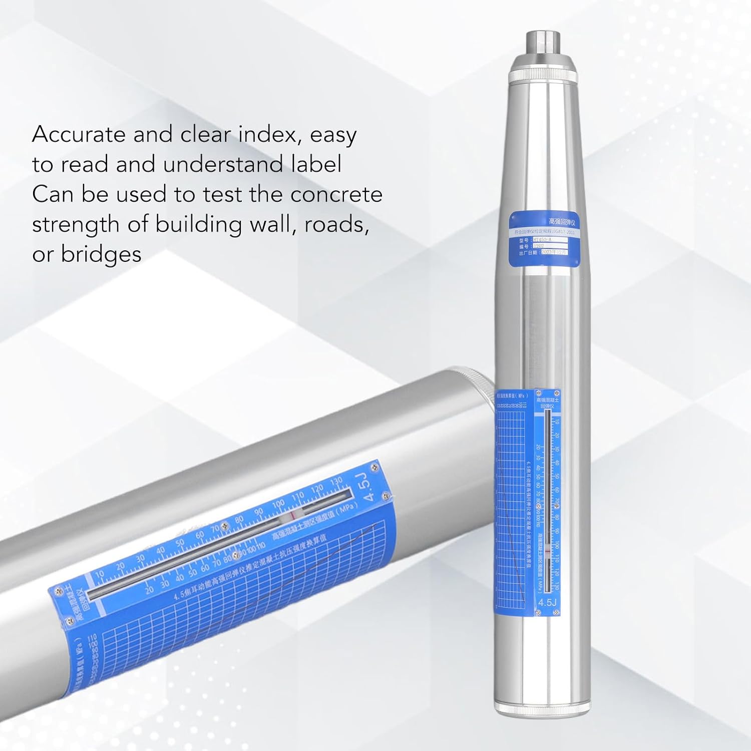 Concrete Rebound Hammer Tester, Portable Concrete Resiliometer Test Meter Tool, The Scope of 20-110Mpa, for Testing Building Wall, Roads, Bridges