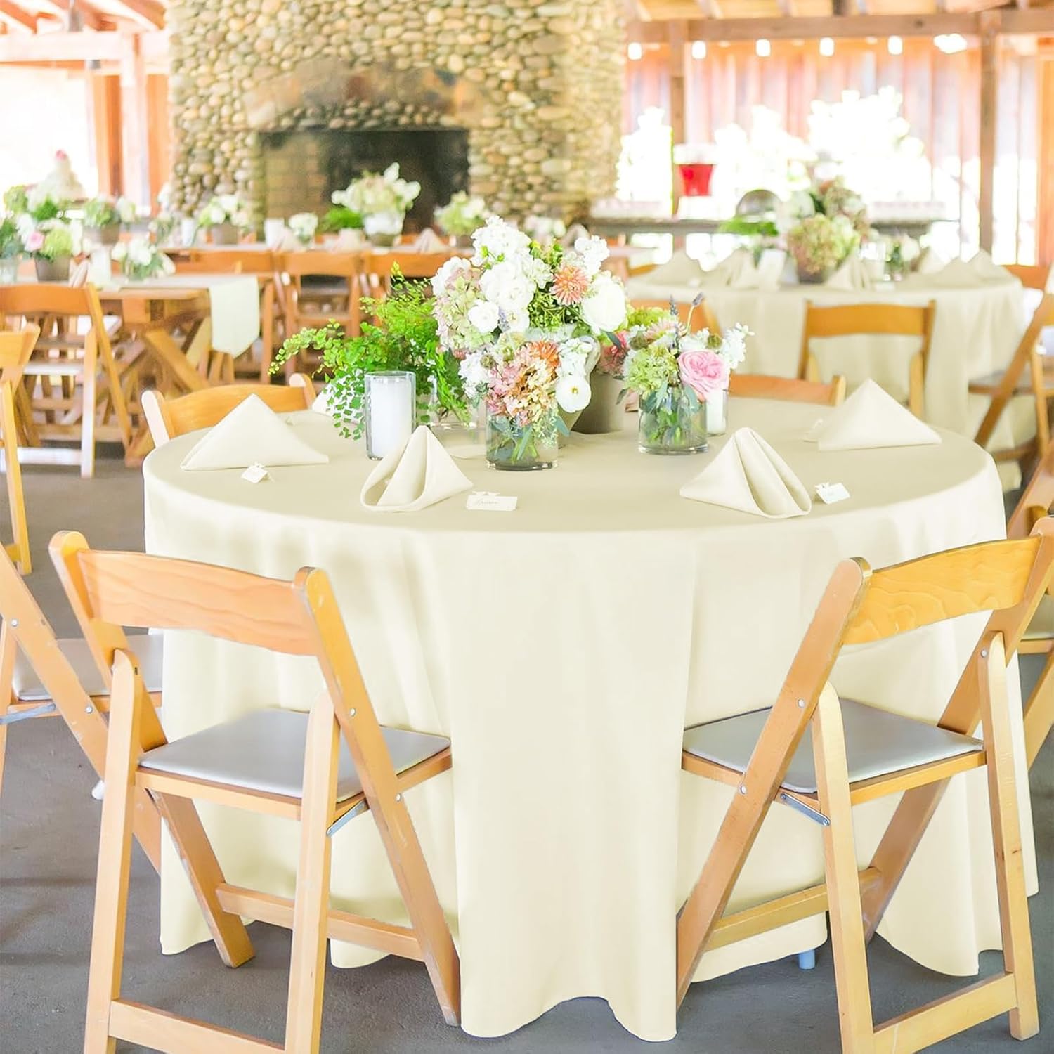 12 Pack Round Tablecloths - 120 Inch, Beige Polyester Table Cover for Round Table, Stain and Wrinkle Resistant Washable Fabric, Wedding Banquet Parties