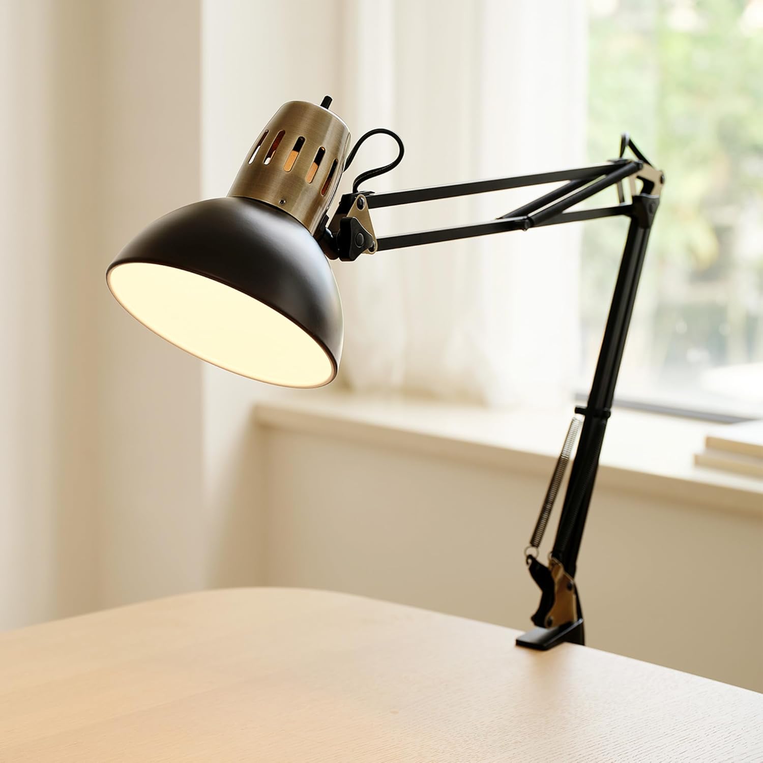 31.5' Multi-Joint Desk Lamp with Metal Clamp, Black, On/Off Rotary Switch on Shade, Partially Adjustable Swing Arm, Home Essentials, Reading Light, Office Décor