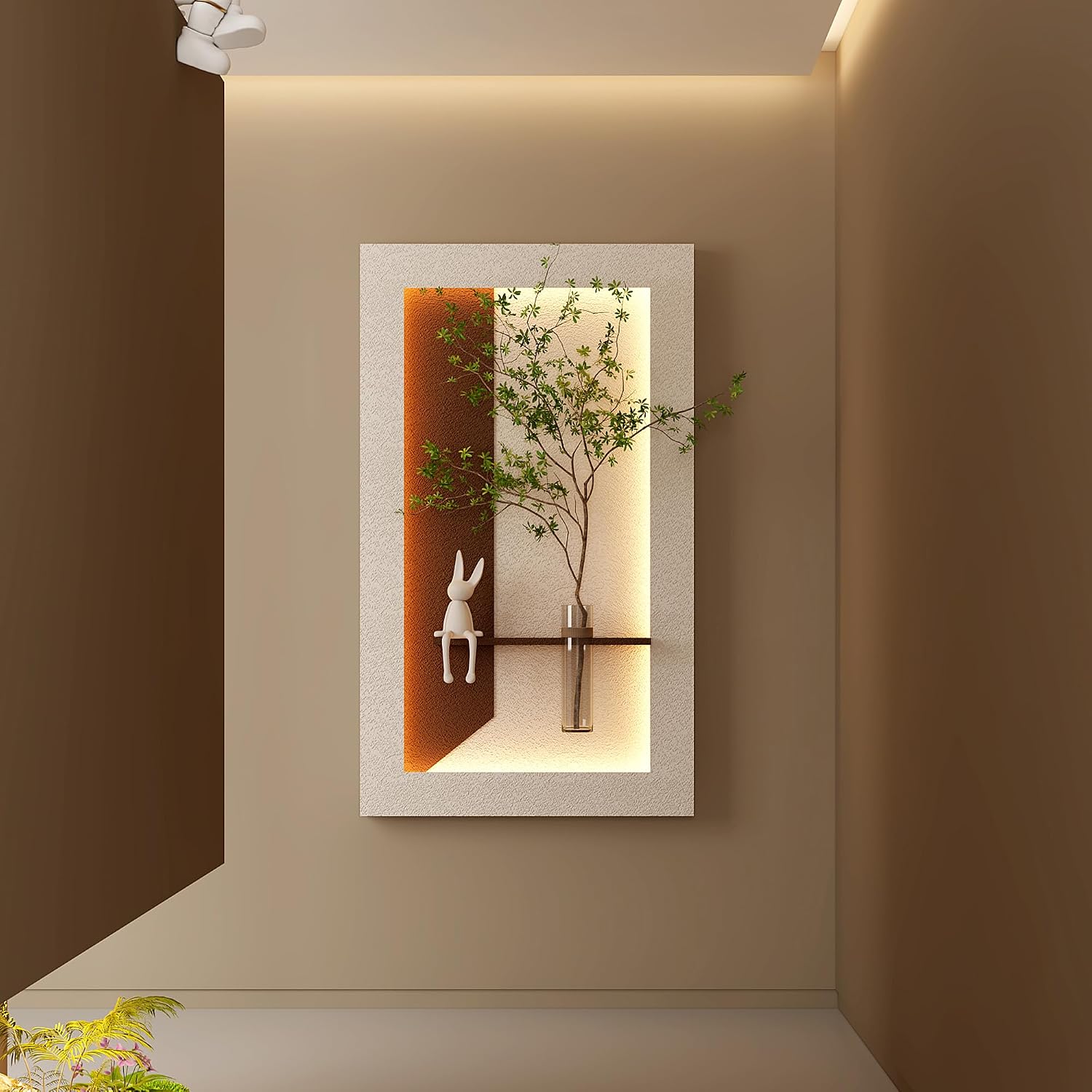 Montary 3D Sandstone Art Painting, Adjustable 3-Color LED Sandstone Wall Decor with Simulated Green Plants - 3D Art Sculpture, Glass Vase & Rabbit Statue, for Living Room, Bedroom, Hallway