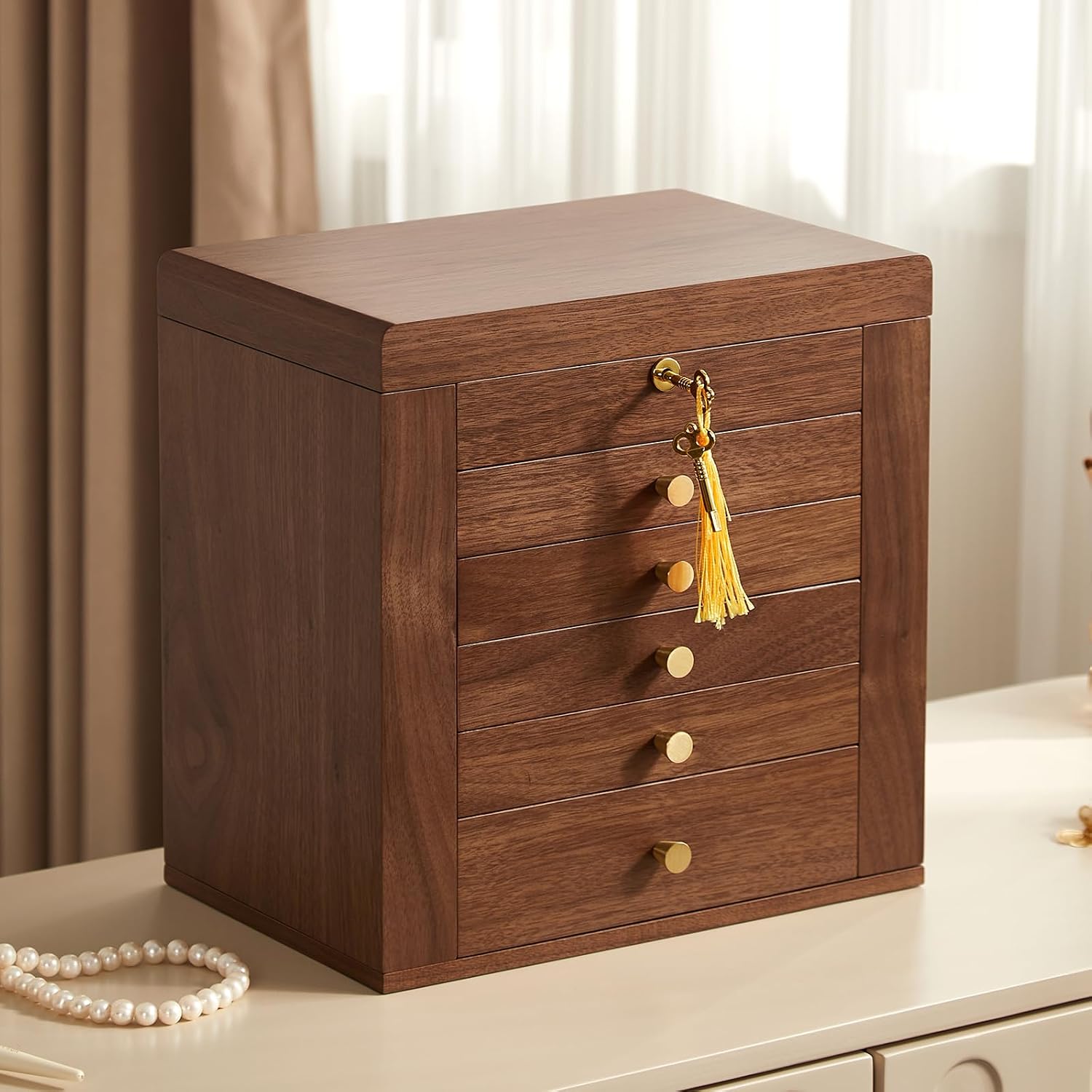 Black Walnut Wooden Jewelry Box, Wood Jewelry Organizer with 2 Side Doors Mirror Lockable Classical Style for Watch Necklace Ring Earring Storage, Ideal Gift-6 Layer