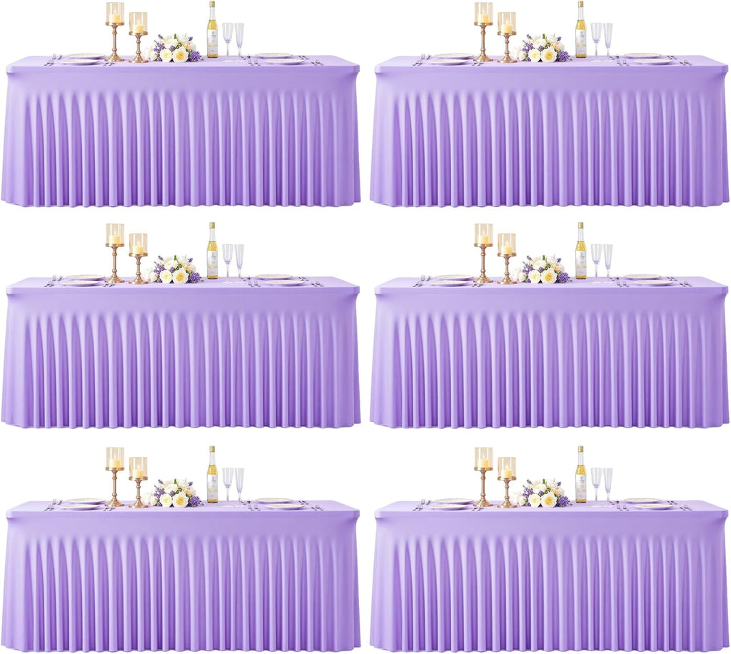 Suppromo 6 Pack 8ft Lavender Spandex Table Cloths for Rectangle Tables Wrinkle Free Light Purple Rectangle Tablecloths Stretch Fitted Table Cover for Birthday Party Wedding Banquet Baby Shower Buffet